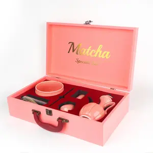 Home Office OEM Pink Color Chinese Porcelain Matcha Tea Set With Wooden Box