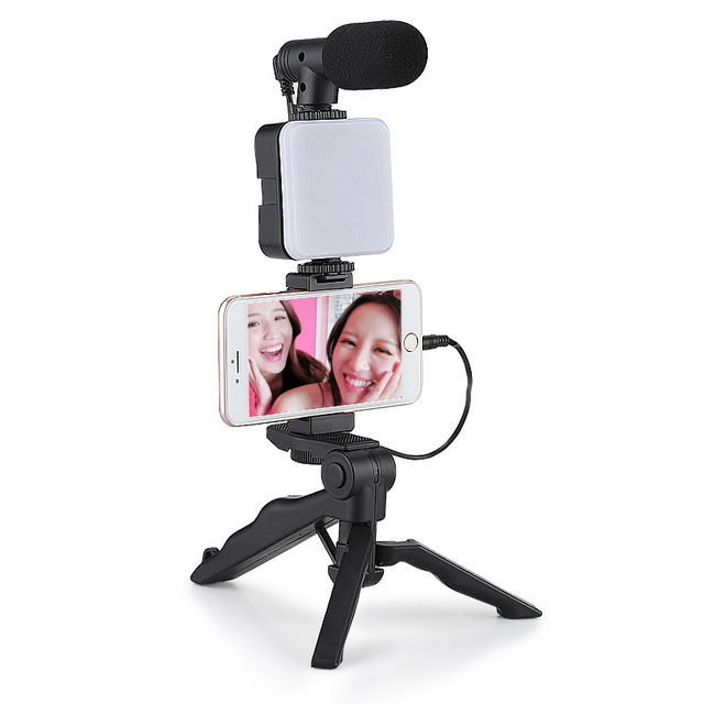 Smartphone Video Vlogging Kit With Tripod Microphone LED Light Cold Shoe Mount Tabletop Vlogging Kit Streaming Microphone Kit