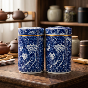 Boîte alimentaire ronde en acier inoxydable bleu et blanc à motif floral oriental avec couvercle pour la cuisine - Product Image 6