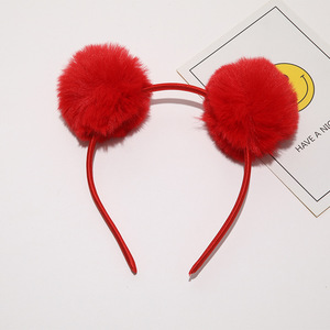Diadema de peluche de conejo de piel sintética para niños, tocado bonito y dulce, Bola de pelo de Color caramelo, bandas para el pelo con pompón rosa y negro para niños - Product Image 4