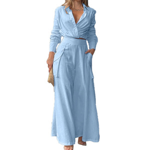 Conjunto <span class=keywords><strong>de</strong></span> Dos Piezas para <span class=keywords><strong>Mujer</strong></span>, Camisa Casual <span class=keywords><strong>de</strong></span> Manga Larga o Corta <span class=keywords><strong>de</strong></span> Color Sólido y Pantalones <span class=keywords><strong>de</strong></span> Pierna Ancha <span class=keywords><strong>de</strong></span> Cintura Alta - Product Image 5
