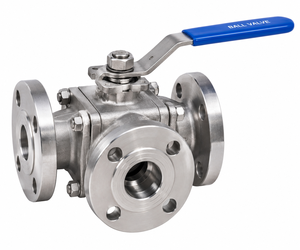 Vanne à boisseau sphérique à trois voies à bride C-Way CF8M PN16 15 MM à passage plein, port en L, siège en PTFE, tige en SS316, actionnée par levier pour usage industriel - Product Image 1