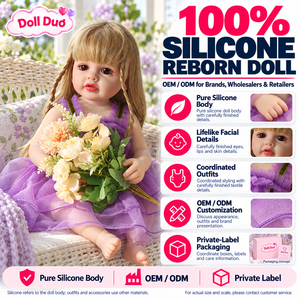 Poupée Duo personnalisée de 18 pouces, poupée Reborn en silicone à corps entier, cheveux longs, robe violette et verte, panier, cadeau de Noël - Product Image 1