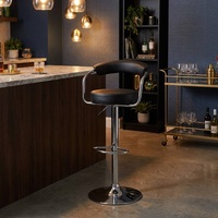 Tabouret de bar à dossier incurvé, siège circulaire, cadre chromé, accoudoirs, hauteur réglable pneumatiquement, repose-pieds chromé, base pivotante à 360°