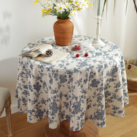 Nouvelle nappe ronde en coton et lin imprimée de fleurs bleues vintage, style rustique campagnard, lavable, pour la salle à manger, la maison, les fêtes