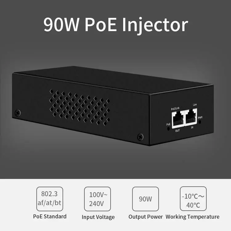 Sıcak satış 90W Gigabit PoE + + enjektör adaptörü, IEEE 802.3 bt /802.3at/Compliant uyumlu