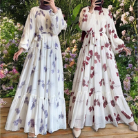 Abaya longue décontractée en mousseline florale à col rond pour femme, style moyen-oriental, avec ceinture incluse, vente en gros
