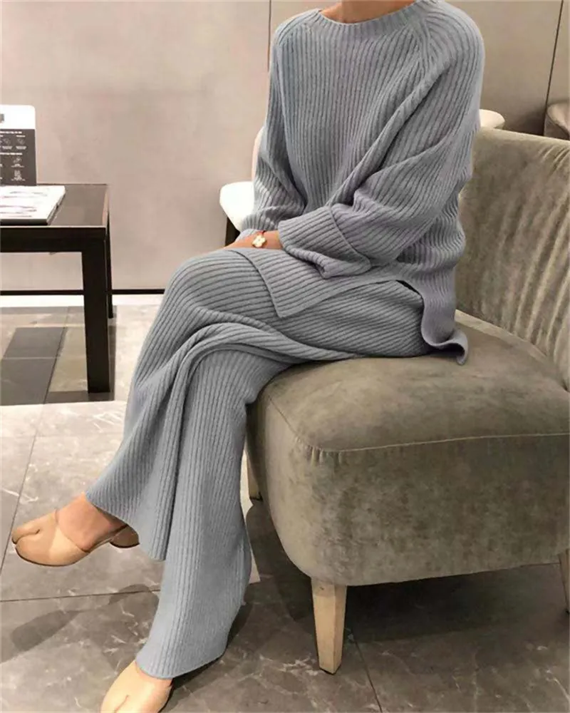 European and American women's solid color knitted sweater two-piece set long-sleeved sweater trousers casual suit for ladies