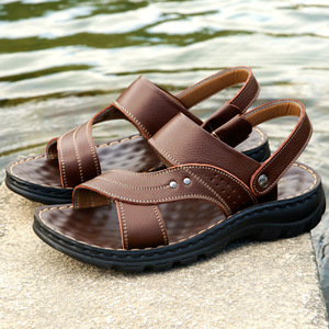 Sandales en cuir véritable pour hommes, à bout ouvert, semelle extérieure en caoutchouc, chaussures d'été décontractées pour l'extérieur, semelle épaisse, grande taille - Product Image 1
