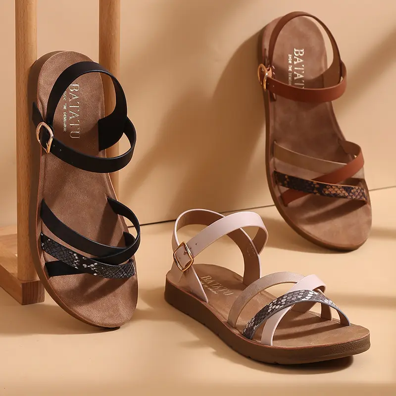 BATATU Strappy Ankle Women Sandals Hot Sale Fashion Design Casual Shoes PU Beach Flat Sandal