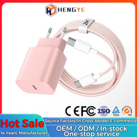 Chargeur mural rapide 20W PD 5V3A avec prise EU rose colorée universelle pour appareils mobiles intelligents, câble de 2 m inclus