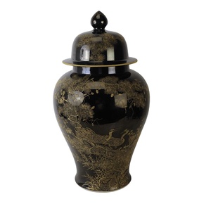 RYLW44-C Chinoiserie Luxury High Quality Black Gold Hand-Painted Crane Motif Temple <b>Jar</b> Collectible Porcelain RYLW44-C Elevate Y - Product Image 1