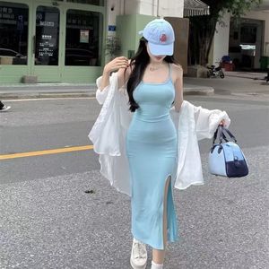 Blue Sleeveless Bodycon Midi Dress With Slit Scoop Neck Natural Waistline Solid Color Cocktail Dress For Women - Product Image 5