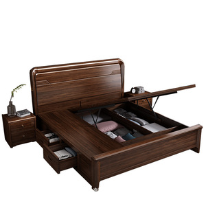 Walnut Solid Wood <b>Bed</b> 1.8m <b>Double</b> Storage High <b>Box</b> Modern Minimalist Chinese Style Bedroom Furniture - Product Image 1