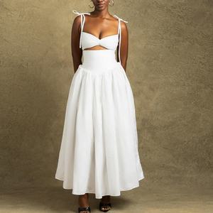 Nuevo Vestido Informal de Otoño con Logotipo Personalizado, Vestido Casual con Escote en V Profundo, Talla Grande, Vestido Modesto con Tirantes Finos de Lino y Algodón para Mujer - Product Image 1