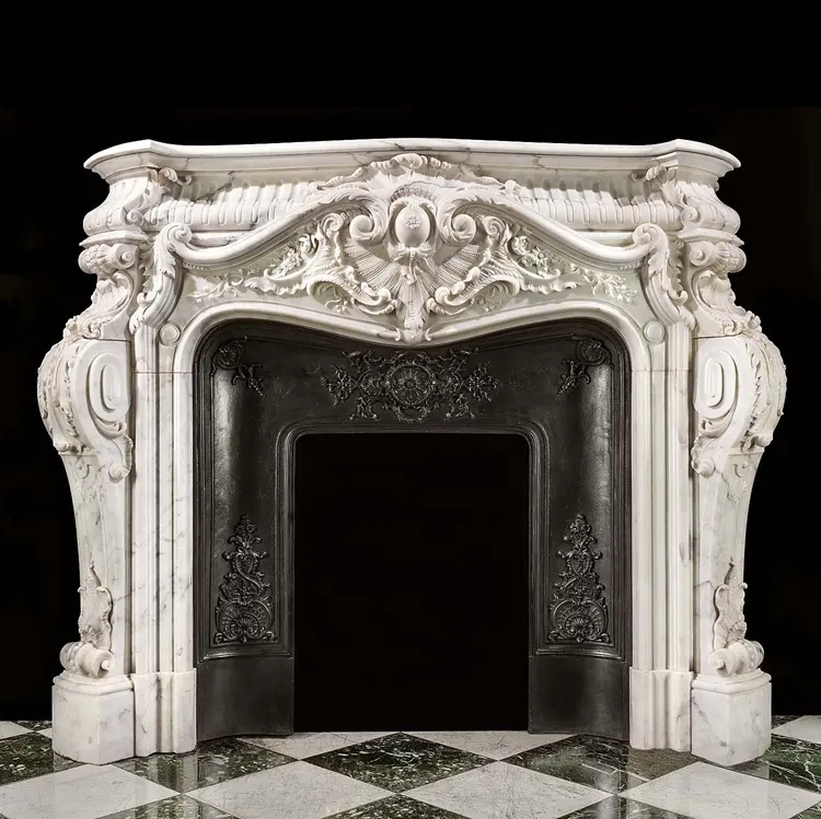 Cornice per camino in pietra di marmo naturale intagliata a mano in stile francese di lusso in stile LOUIS XV