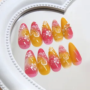 24 <span class=keywords><strong>faux</strong></span> ongles tendance Y2K pour femmes, en amande, <span class=keywords><strong>dégradé</strong></span> or/rose, à presser, imprimé fleur blanche, charme printemps-été - Product Image 2