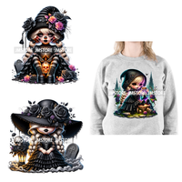 Transferts DTF à repasser pour vêtements, motifs gothiques, gnomes, sorcières d'Halloween, fleurs noires, ambiance horrifique, prêts à être pressés