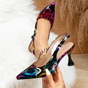 Escarpins Slingback en Tissu Imprimé Graffiti Coloré pour Femme, à Bout Pointu, Talon Fin Évasé, Élégants pour Soirée - Product Image 1