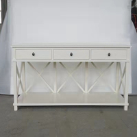 Console blanche de style provincial français avec 3 tiroirs et étagère en X, pour entrée, couloir, hôtel, salon, vente en gros, OEM, sur mesure.