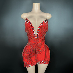 <span class=keywords><strong>Mini</strong></span> abito Sexy con frange di strass di cristallo rosso aderente da donna aderente scintillante da Cocktail corto abbigliamento da festa per spettacoli - Product Image 2