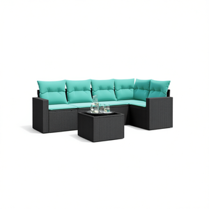 Juego de sofás de patio residenciales de ratán sintético negro de 6 piezas para exteriores con cojines, muebles de exterior modernos y contemporáneos - Product Image 1