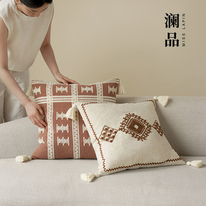 Coussin en coton et lin brodé pour la maison, l'hôtel, coussin de canapé chinois en jacquard, coussin de soutien lombaire pour la chambre à coucher, coussin d'appoint pour le salon - Product Image 2