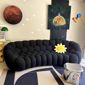 Set di Divani Bubble Minimalista di Design <span class=keywords><strong>Italiano</strong></span> in Velluto Crema <span class=keywords><strong>e</strong></span> Pelle con Gambe Artistiche in Legno Curvato per la Zona Giorno - Product Image 3