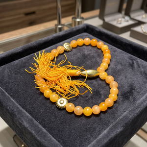 Pulsera de Oración con Cuentas de Ágata de Jade Amarillo, Diseño Circular Tallado, Tema Feng Shui, Joyería Religiosa Hecha a Mano, Borla Naranja - Product Image 3