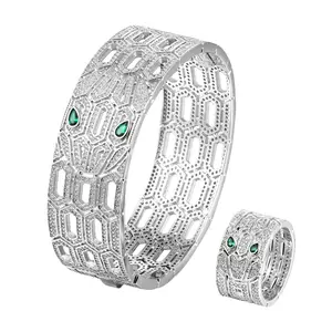 奢华珠宝镂空蛇形手镯珠宝18k镀金迪拜锆石立方氧化锆袖口手镯戒指套装
