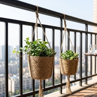 Panier mural tressé luxueux pour plantes d'intérieur, suspendu, avec longue base en macramé et réservoir d'eau, en osier