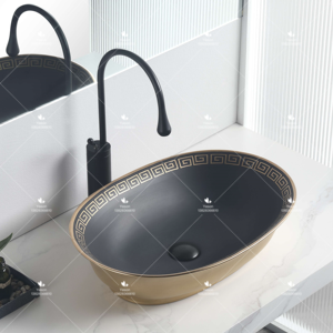 Lavabo de Cerámica Ovalado de Gran Tamaño, Color Dorado, de Porcelana Esmaltada, para Baño, Lavamanos de Sobremesa - Product Image 1