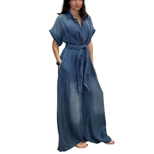 Nouvelle Arrivée Combinaison en Jean Chic pour Femme à Col Boutonné, Manches Courtes, Coupe Ample et Jambes Larges, Tendance - Product Image 5