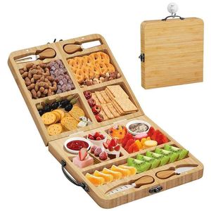 Bamboo <b>Cheese</b> Board <b>Set</b> With <b>Knife</b> Fork Compartments Dried Fruit Box Snack Platter Portable Food Serving Tray - Product Image 1