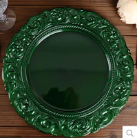 Assiette de présentation de luxe en plastique PP vert avec bordure florale vintage en relief pour la décoration de tables de mariage, banquets, hôtels et fêtes