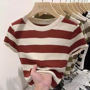 T-shirt Estiva da <span class=keywords><strong>Donna</strong></span> Trendy Verde Stile Vintage Vestibilità Regolare a Righe a <span class=keywords><strong>Maniche</strong></span> Corte in Maglia Spandex/Poliestere Taglia Unica - Vendita all'Ingrosso - Product Image 5