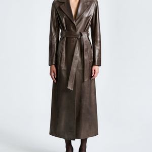 Abrigo de cuero largo de otoño con cinturón, bolsillos grandes, cintura ajustable, estilo moderno, chaqueta cortavientos de un solo botón - Product Image 1