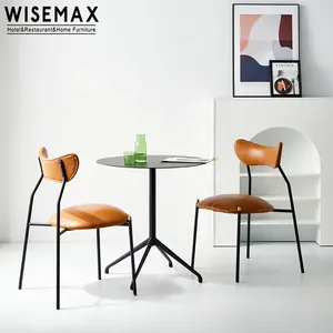 WISEMAX家具北欧金属椅子餐厅椅子工业椅子棕色聚氨酯皮革靠垫，带金属腿