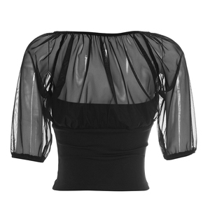 Viviblook Y26TP228 Haut décontracté pour femme, nouveau modèle d'été, sexy, en maille, col rond, manches courtes, patchwork - Product Image 5