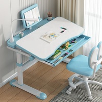 Ensemble de bureau et chaise ergonomiques pour enfants, hauteur réglable, plateau inclinable, tiroir de rangement, étagère, bleu et blanc, meubles pour la maison