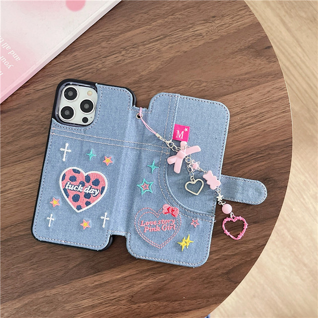 Denim Embroidery Love Shaped Butterfly Mobile Phone Case Card Holder Shockproof Design for 16 17 18 Pro Max Cotton Fabric Ins