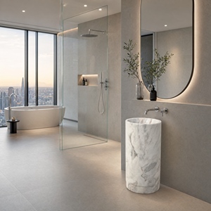 Poulars Wholesale Luxury Modern <b>Freestanding</b> Natural Stone Man Made Pedestal Hand Washing Sink Statuario White Marble Washroom - Product Image 6