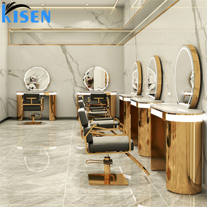 Espejo de pie de acero inoxidable KISEN para salón de belleza con estantes de almacenamiento y diseño contemporáneo para barbería. - Product Image 3