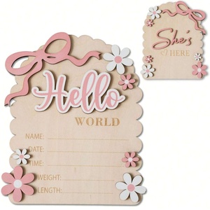 Novelty Party Baby Shower &amp; Photo Shoot Hello World Wooden pink Baby <strong>Birth</strong> Announcement Card Personalized Newborn Milestone Sign - Product Image 2