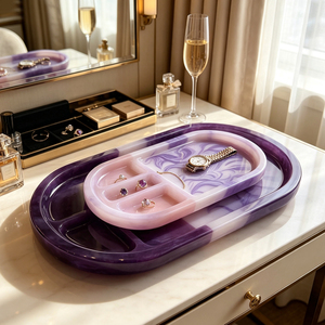 Plateau à bijoux ovale en résine personnalisable, plateau marbré <span class=keywords><strong>esthétique</strong></span> pour la décoration de la table de maquillage de la chambre à coucher - Product Image 6