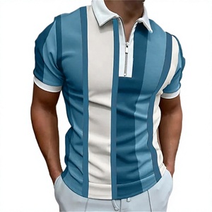 Men's Striped Short Sleeve <b>Polo</b> <b>Shirt</b> With Zipper Color Blocked Casual Knitted Design <b>Blue</b> White Black - Product Image 6