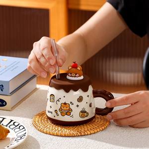 Taza de cerámica Creative Bear con tapa y pajita, diseño de dibujos animados en rosa y marrón, para café, leche, desayuno, tazas para parejas - Product Image 3