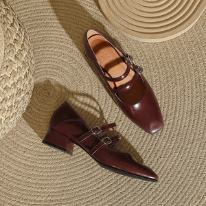 รองเท้าสตรีแบบแมรี่เจนสไตล์ฝรั่งเศส หัวเหลี่ยม ส้นเตี้ย สายรัดเส้นเดียว รองเท้าส้นสูงแบบเรโทร หัวแบน - Product Image 4