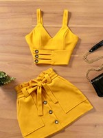 Ensemble deux pièces élégant jaune pour femme : Blazer court et short taille haute ceinturé – Tenue de soirée – Vente en gros personnalisée