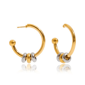 <b>Huggie</b> Earrings Gold And <b>Silver</b> Color Block Geometric Circle Design Stainless Steel Fashion Jewelry - Product Image 5
